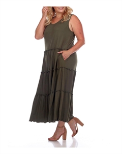 Плюс Женское Платье Миди Ярусного Покроя До Икры, оливковый White mark