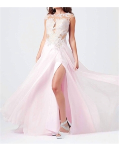 Выпускное платье с бисером, кружевными вырезами и высоким разрезом в цвете Ice Pink Mac duggal