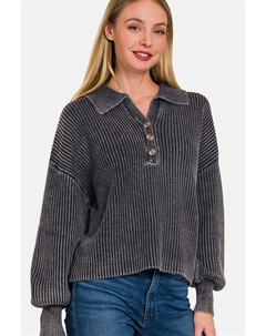 Стираный свитер с длинным рукавом на полпуговицы, черный Fashnzfab