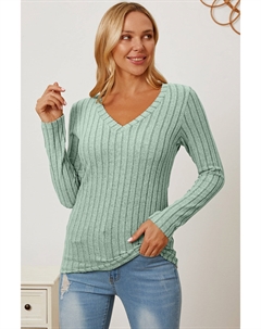 Футболка с длинным рукавом и V-образным вырезом в рубчик полного размера, цвет gum leaf Fashnzfab