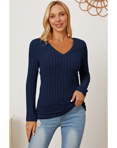 Футболка с длинным рукавом и V-образным вырезом в рубчик полного размера, цвет peacock blue Fashnzfab