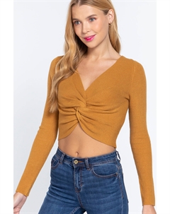 Укороченный свитер с V-образным вырезом спереди и узлом, цвет ochre Fashnzfab