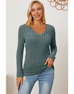 Футболка с длинным рукавом и V-образным вырезом в рубчик полного размера, цвет teal Fashnzfab