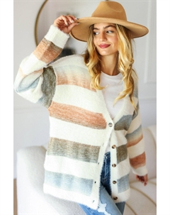 Полноразмерный мягкий пушистый свитер-кардиган в полоску на пуговицах, цвет ivory/rust/olive Fashnzfab