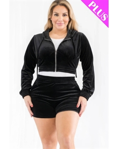 Комплект из велюровой укороченной толстовки с капюшоном и шорт большого размера на молнии, черный Fashnzfab