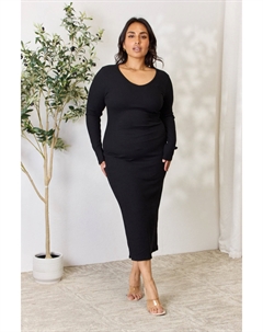 Платье миди с разрезом и длинными рукавами в рубчик в полный размер, черный Fashnzfab