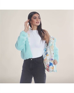 Женская двусторонняя куртка-бомбер из искусственного меха кролика с принтом Looney Tunes и атласной подкладкой, цвет mint Members only