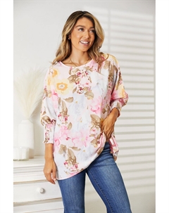 Топ с цветочным круглым вырезом и рукавами три четверти, цвет blush pink Fashnzfab