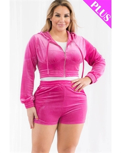 Комплект из велюровой укороченной толстовки с капюшоном и шорт большого размера на молнии, розовый Fashnzfab