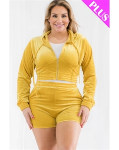 Комплект из велюровой укороченной толстовки с капюшоном и шорт большого размера на молнии, цвет mustard Fashnzfab