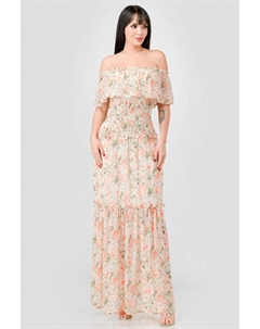 Платье макси с открытыми плечами, цветочным шифоном, оборками на спине и многоуровневым узором, кремовый Fashnzfab