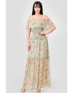 Платье макси с открытыми плечами, цветочным шифоном, оборками на спине и многоуровневым узором, синий Fashnzfab