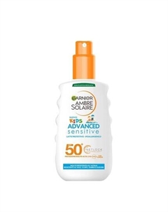 Солнцезащитный спрей Ambre Solaire для детей с повышенной чувствительностью, водостойкий, устойчивый к соли и хлору, гипоаллергенный, очень высокая защита, спрей 200 мл Spf50 Garnier