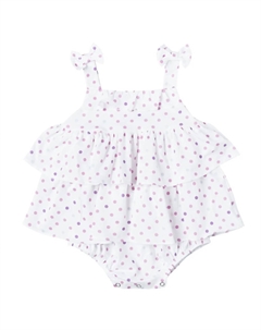 Комбинезон для девочек с оборками в горошек белого цвета Petit confection
