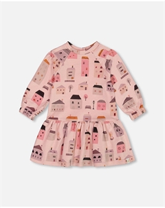 Платье из французского трикотажа с принтом «Розовые и коралловые домики» Deux par deux