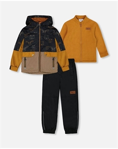 Комплект верхней одежды 3 в 1 для демисезона с цветной курткой с бежевыми животными на черном фоне Deux par deux