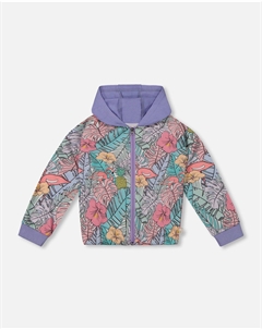 Кардиган с капюшоном из французского трикотажа с принтом «Сиреневые тропические и розовые фламинго» Deux par deux