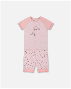 Короткий пижамный комплект из двух частей из органического хлопка с маленькими розовыми цветами на бледно-розовом фоне Deux par deux