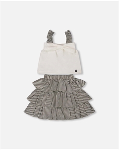 Комплект из топа с бантом и юбки с оборками в полоску белого и черного цвета Deux par deux
