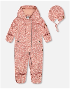 Детский демисезонный комбинезон с принтом и шапочкой, маленькие белые цветы на бледно-розовом Deux par deux