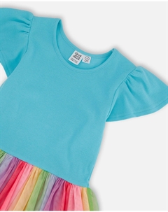 Платье из двух материалов с сетчатой ​​юбкой с принтом, разноцветное, мультиколор Deux par deux