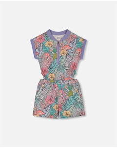 Комбинезон из французского терри с принтом «Сиреневые тропики и розовые фламинго» Deux par deux