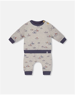 Комплект из топа и брюк из органического хлопка с принтом «Маленькие бумажные кораблики», цвет heather grey with little paper boat Deux par deux