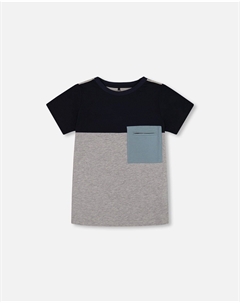 Футболка из органического хлопка с цветными блоками серого, темно-синего и бирюзового цвета Deux par deux