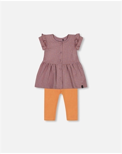 Комплект из платья из органического хлопка с принтом и однотонных леггинсов оранжевого и фиолетового цвета Deux par deux