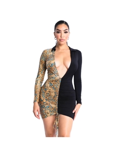 Платье с глубоким V-образным вырезом и цветными блоками, черный/леопардовый принт Fashnzfab