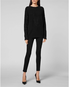 Кашемировый 5 Пуловер Круглый вырез LS Кристалл Череп, черный Philipp plein