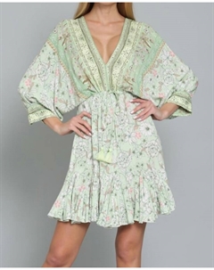 Мини-платье с рукавами «летучая мышь» и завязками на талии, принтованным каймой, бледно-зеленого цвета, многоцветное Aakaa