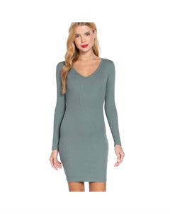 Длинное платье-мини с V-образным вырезом в рубчик, цвет sage Fashnzfab