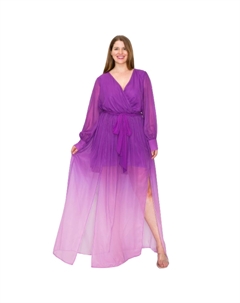 Платье макси из шифона с запахом спереди, длинными рукавами, завязкой на талии и разрезом спереди, цвет magenta Fashnzfab