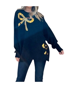 Пушистый свитер с бантом из пайеток в темно-синем цвете And the why