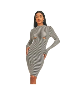 Платье миди с длинными рукавами и полосатым принтом, черно-белый Fashnzfab