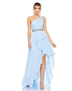 Платье на одно плечо с асимметричным подолом и плиссировкой, цвет powder blue Mac duggal
