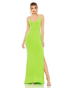 Платье с V-образным вырезом, украшенное стразами, цвет apple green Mac duggal