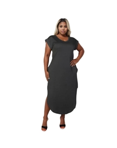 Плюс Размер Скрытый Карман Рукав Летучая Мышь V Вырез Длинное Платье, черный Fashnzfab