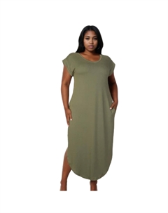 Плюс Размер Скрытый Карман Рукав Летучая Мышь V Вырез Длинное Платье, оливковый Fashnzfab