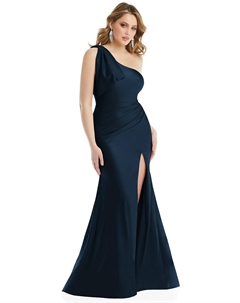 Платье-русалка из эластичного атласа с ниспадающим бантом на одно плечо и легким шлейфом, цвет midnight navy Cynthia & sahar