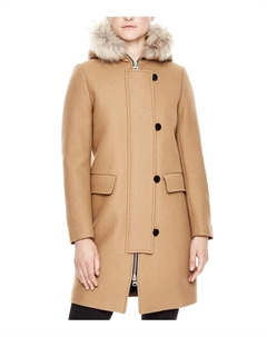 Женское шерстяное пальто Kurt с меховой отделкой на капюшоне, 4 пуговицы, коричневый Sandro