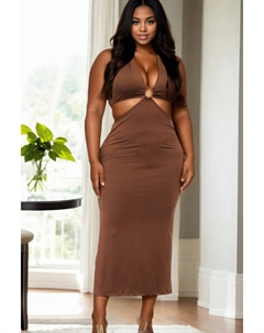 Платье миди размера плюс с вырезом на шее, двойной завязкой сзади, разрезом до бедра, цвет downtown brown Fashnzfab