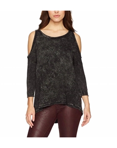 Теплая свободная рубашка средней длины с открытыми плечами черного цвета Three dots