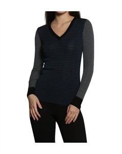 Узкий пуловер с V-образным вырезом в рубчик цвета уголь/океан, цвет charcoal/ocean Label+thread