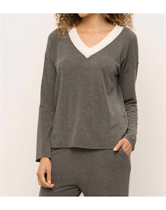Контрастный пуловер с V-образным вырезом и необработанным краем в угольном цвете, цвет charcoal Mystree