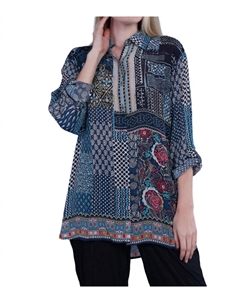 Верхняя туника на пуговицах с принтом в стиле пэчворк в темно-синем цвете Shana apparel