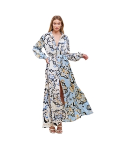 Платье с цветным принтом и V-образным вырезом, синий/слоновая кость Fashnzfab