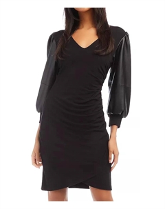 Контрастное платье с рукавами из веганской кожи черного цвета Fifteen twenty