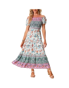 Платье с цветочным принтом в стиле бохо для женщин, платье миди с квадратным вырезом и присборами, цвет Light Blue Allegra k